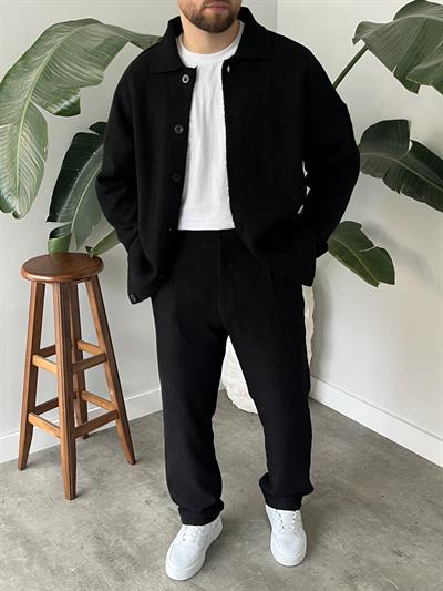 Siyah Örme Düğmeli Polo Yaka Oversize Hırka