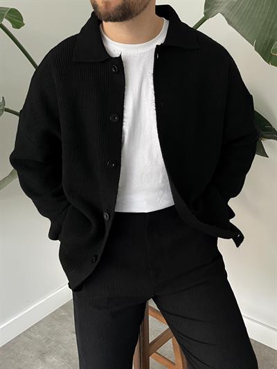 Siyah Örme Düğmeli Polo Yaka Oversize Hırka