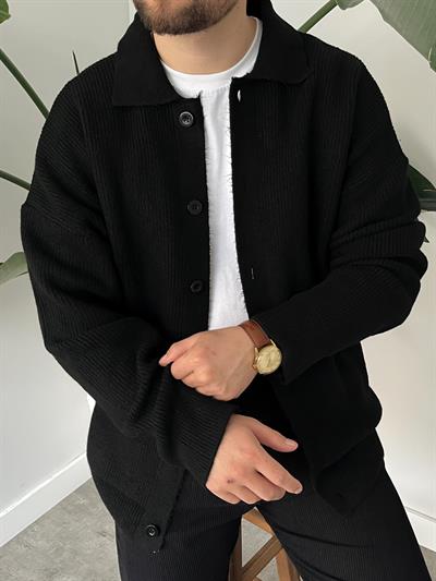 Siyah Örme Düğmeli Polo Yaka Oversize Hırka