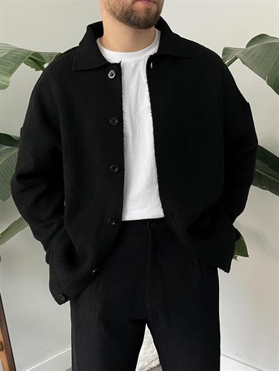 Siyah Örme Düğmeli Polo Yaka Oversize Hırka