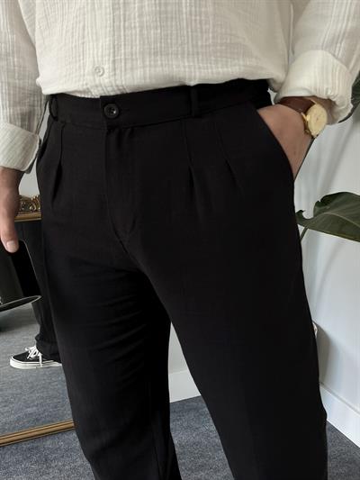 Siyah Pileli Baggy Keten Pantolon