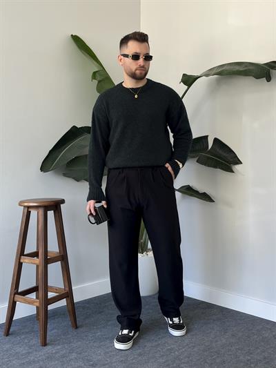 Siyah Pileli Fitilli Baggy Pantolon