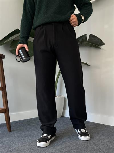 Siyah Pileli Fitilli Baggy Pantolon