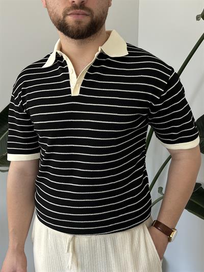 Siyah Premium Çizgili Örme Triko T-shirt
