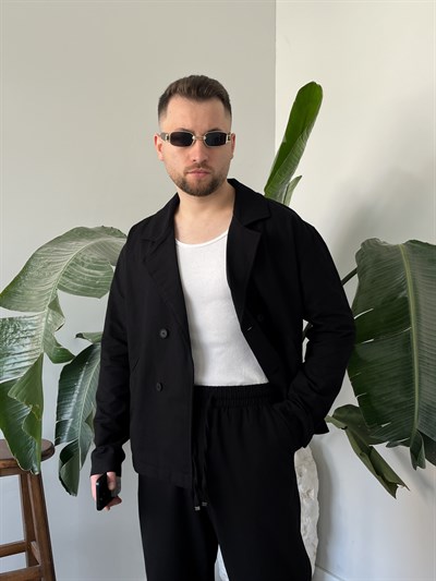Siyah Premium Keten Oversize Kruvaze Takım
