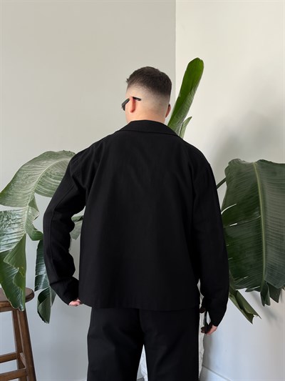 Siyah Premium Keten Oversize Kruvaze Takım