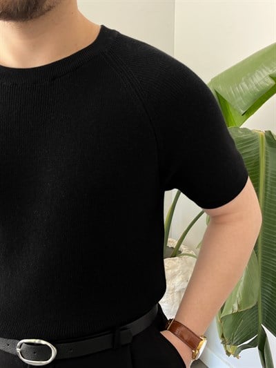 Siyah Raglan Detay Basic Triko