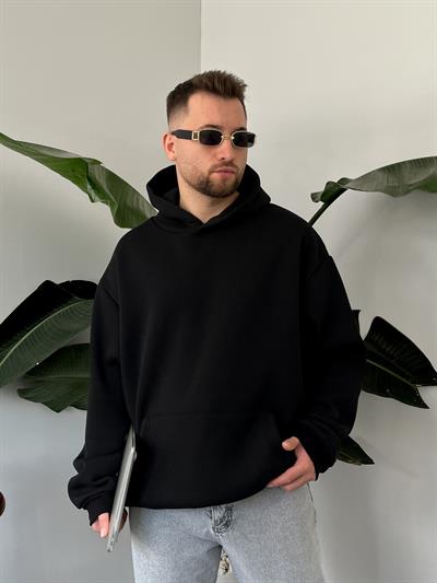 Siyah Üç İplik Şardonlu Basic Oversize Hoodie