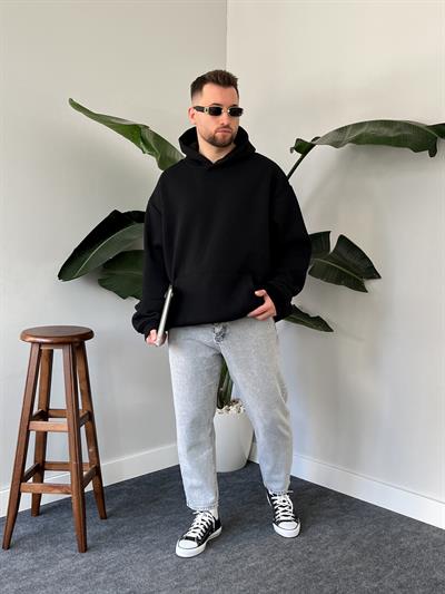Siyah Üç İplik Şardonlu Basic Oversize Hoodie