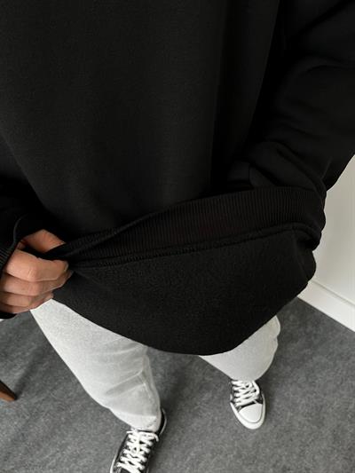 Siyah Üç İplik Şardonlu Basic Oversize Hoodie