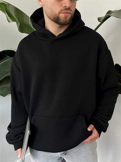Siyah Üç İplik Şardonlu Basic Oversize Hoodie