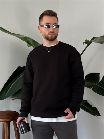 Siyah Üç İplik Şardonlu Basic Sweatshirt
