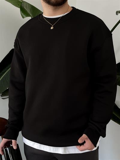 Siyah Üç İplik Şardonlu Basic Sweatshirt