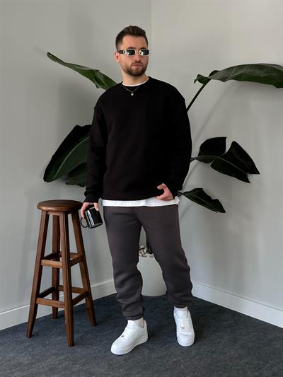 Siyah Üç İplik Şardonlu Basic Sweatshirt