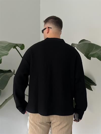 Siyah Waffle Dokulu Polo Yaka Örme Triko Sweatshirt