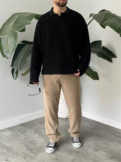 Siyah Waffle Dokulu Polo Yaka Örme Triko Sweatshirt