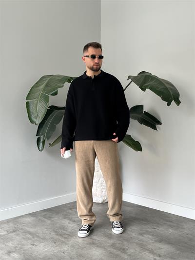 Siyah Waffle Dokulu Polo Yaka Örme Triko Sweatshirt