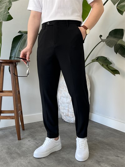 Siyah Yan Düğme Detay Duble Paça Boyfriend Pantolon