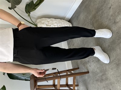 Siyah Yan Düğme Detay Duble Paça Boyfriend Pantolon