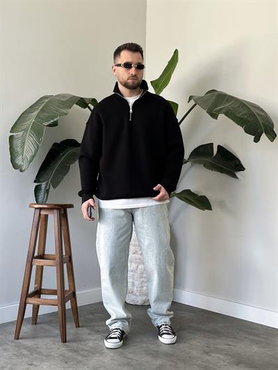Siyah Yarım Fermuar Üç İplik Şardonlu Sweatshirt
