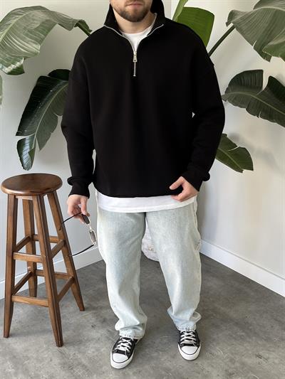 Siyah Yarım Fermuar Üç İplik Şardonlu Sweatshirt