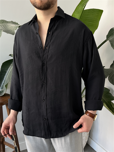 Siyah Yıkamalı Tensel Oversize Gömlek