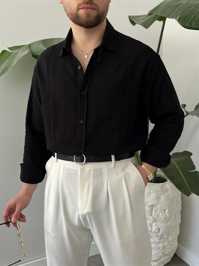 Siyah Zincir Desen Oversize Keten Gömlek