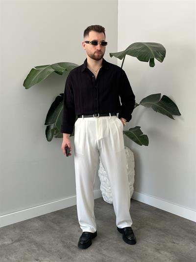 Siyah Zincir Desen Oversize Keten Gömlek