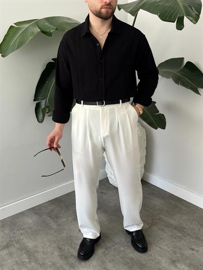 Siyah Zincir Desen Oversize Keten Gömlek