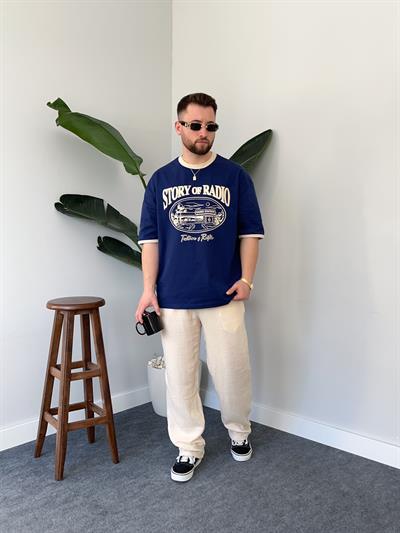 Story Radio Baskılı Lacivert Oversize T-shirt