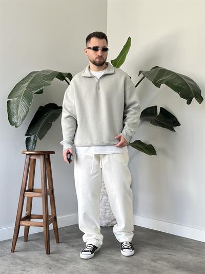 Taş Gri Yarım Fermuar Üç İplik Şardonlu Sweatshirt
