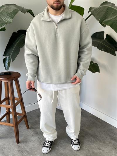 Taş Gri Yarım Fermuar Üç İplik Şardonlu Sweatshirt