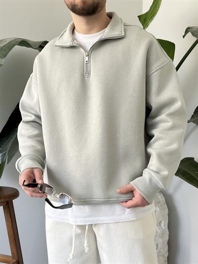 Taş Gri Yarım Fermuar Üç İplik Şardonlu Sweatshirt