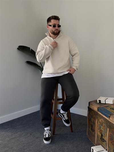 Taş Rengi Fermuar Yaka Basic Sweatshirt