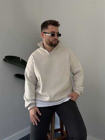 Taş Rengi Fermuar Yaka Basic Sweatshirt