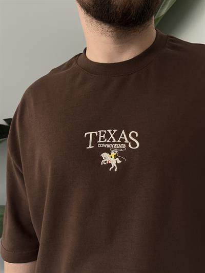Texas Nakışlı Kahverengi  Oversize  T-shirt