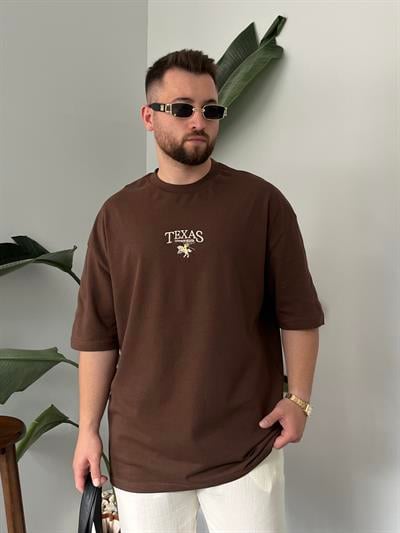 Texas Nakışlı Kahverengi  Oversize  T-shirt