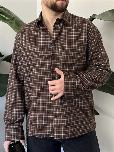 Terra Kahverengi Kare Çizgili Oversize Gömlek