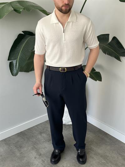 Tivor Ekru Yarım Fermuar Polo Yaka Triko T-shirt