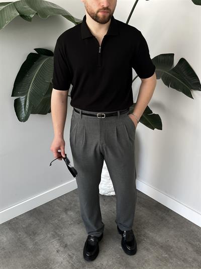 Tivor Siyah Yarım Fermuar Polo Yaka Triko T-shirt