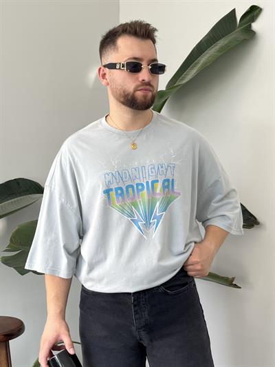 Tropical Yıkamalı Gri Oversize T-shirt
