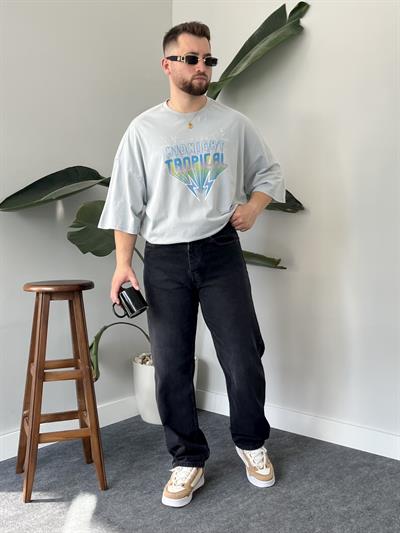 Tropical Yıkamalı Gri Oversize T-shirt