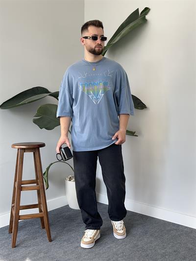 Tropical Yıkamalı Mavi Oversize T-shirt
