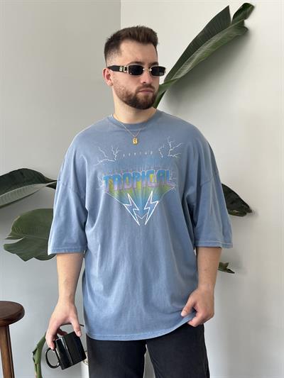 Tropical Yıkamalı Mavi Oversize T-shirt