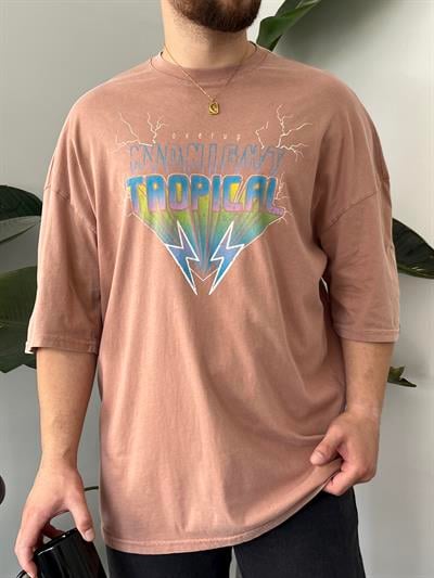 Tropical Yıkamalı Turuncu Oversize T-shirt