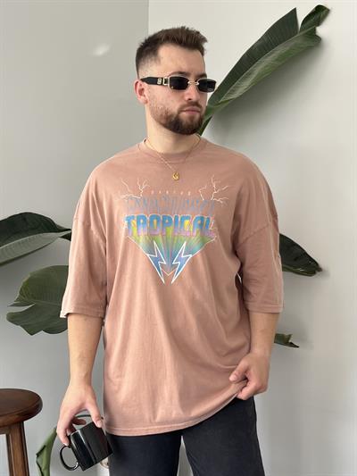 Tropical Yıkamalı Turuncu Oversize T-shirt