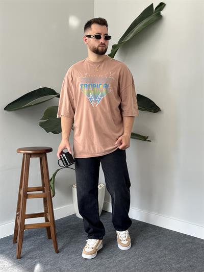 Tropical Yıkamalı Turuncu Oversize T-shirt