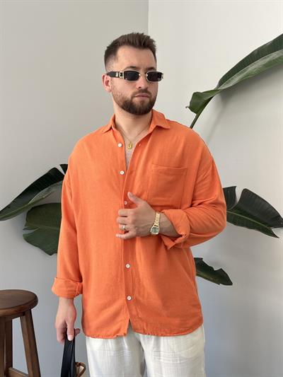 Turuncu Keten Oversize Gömlek