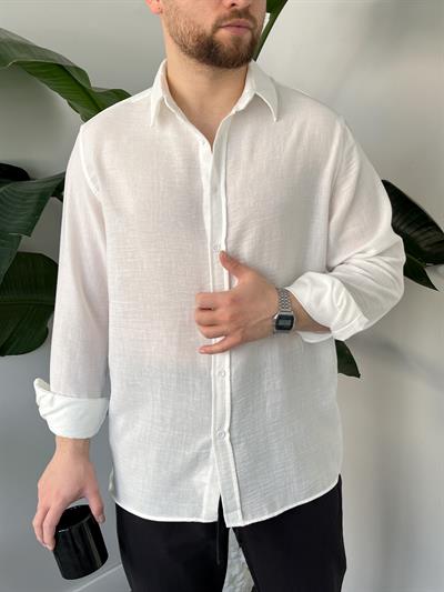 Vento Beyaz Krinkıl Kumaş Oversize Gömlek