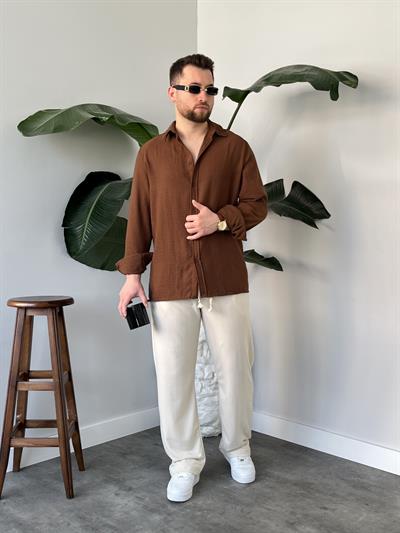 Vento Kahverengi Krinkıl Kumaş Oversize Gömlek